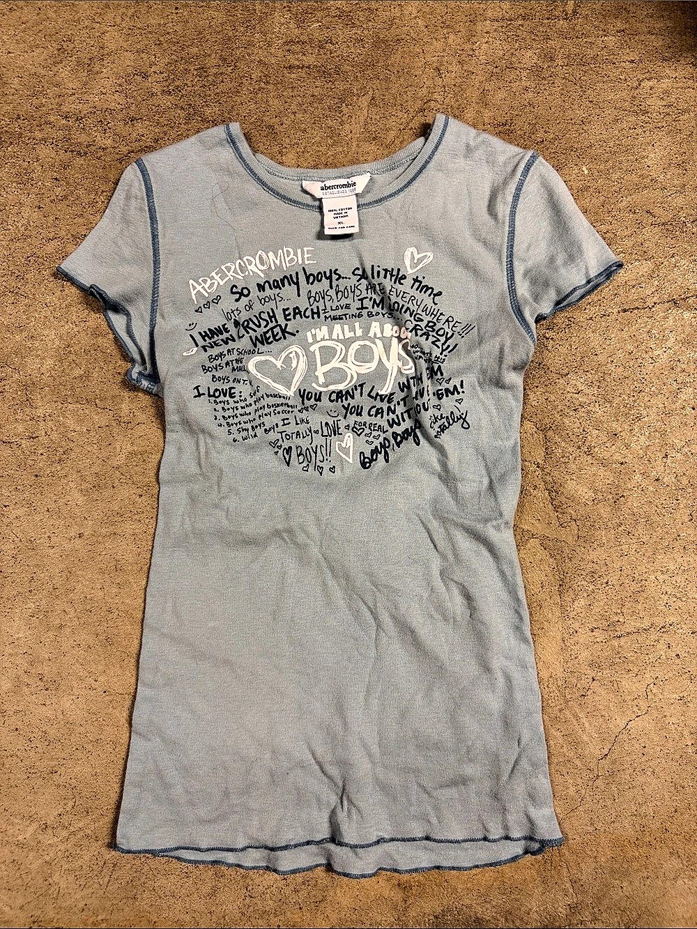 Vintage Abercrombie & Fitch Girls Light Blue Graphic Baby Tee Size XL
